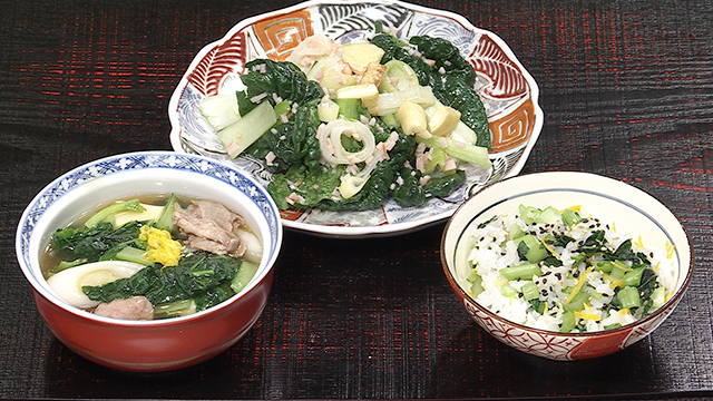 ちぢみ雪菜と曲がりネギの熱々あん豆腐＆フレッシュサラダ＆雪菜ご飯