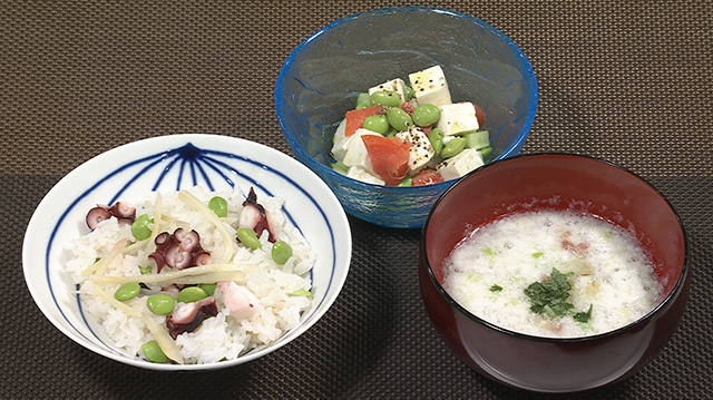 枝豆とタコの炊き込み&枝豆とろろのすり流し汁&枝豆の五色和え